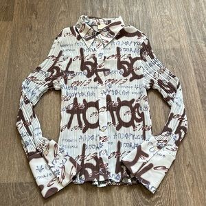 Vintage sheer printed all over print long sleeve collard bratz y2k blue